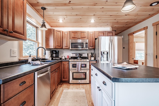 kitchen with sink, white cabinetry, wood ceiling, stainless steel appliances, and light hardwood / wood-style floors