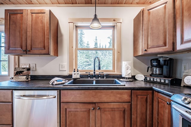 kitchen featuring stainless steel appliances, sink, wood ceiling, and decorative light fixtures