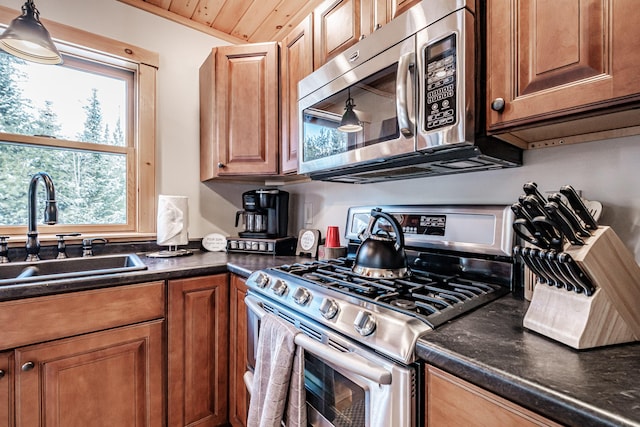 kitchen with stainless steel appliances, sink, pendant lighting, and wooden ceiling