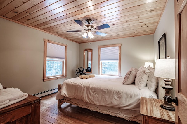 bedroom with wood ceiling, a baseboard radiator, multiple windows, and hardwood / wood-style flooring