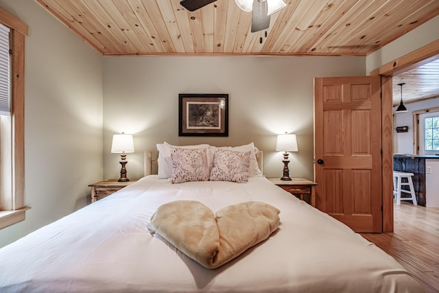 bedroom featuring hardwood / wood-style floors, wooden ceiling, and ceiling fan