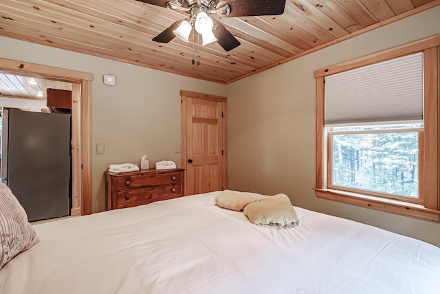 bedroom featuring wooden ceiling, stainless steel refrigerator, and ceiling fan