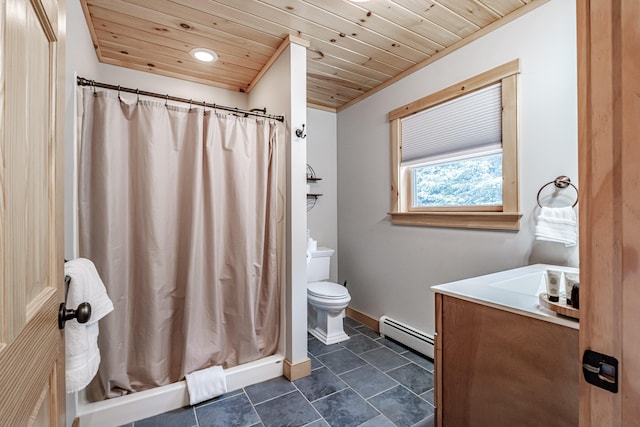 bathroom with walk in shower, toilet, wood ceiling, a baseboard radiator, and vanity