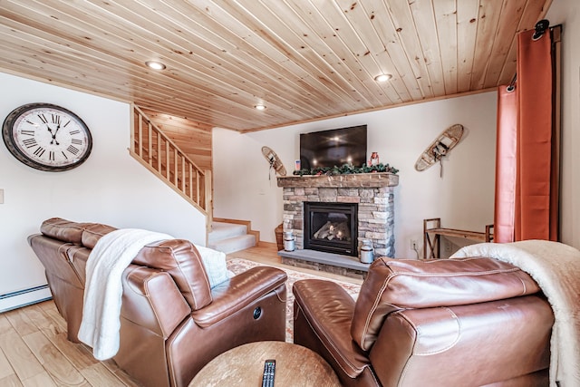 living room featuring a stone fireplace, wood ceiling, and light wood-type flooring