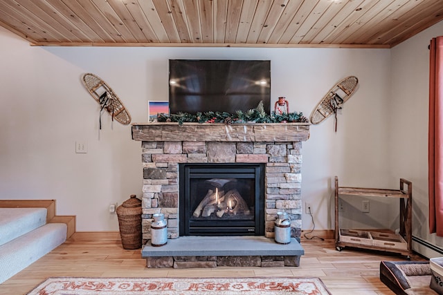 interior details featuring wood-type flooring, a fireplace, and wooden ceiling