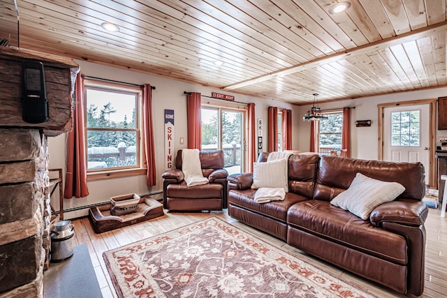 living room featuring a baseboard radiator, light hardwood / wood-style floors, and wooden ceiling