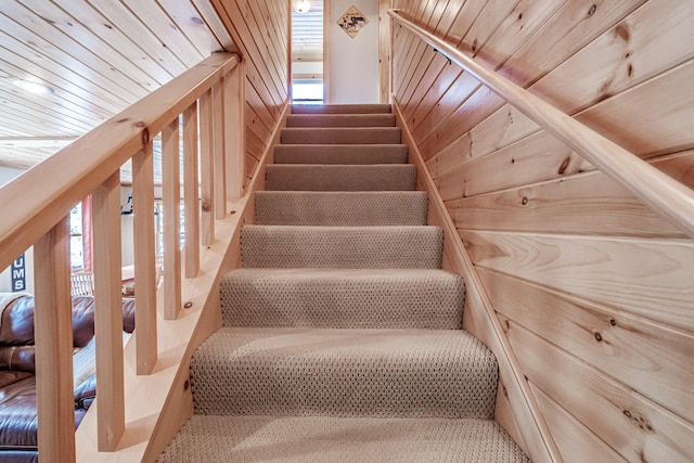 stairway with wooden walls and wooden ceiling