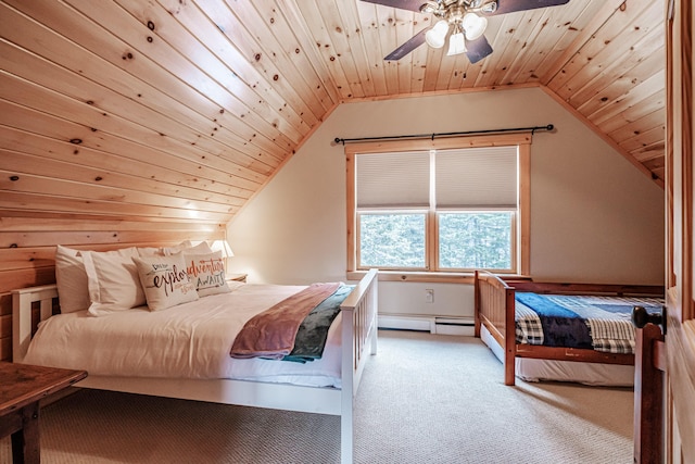 carpeted bedroom featuring lofted ceiling, a baseboard heating unit, wooden ceiling, and ceiling fan