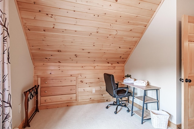 office area featuring lofted ceiling, carpet floors, and wood ceiling