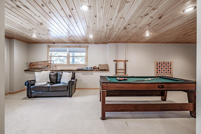 playroom featuring pool table, light carpet, and wood ceiling