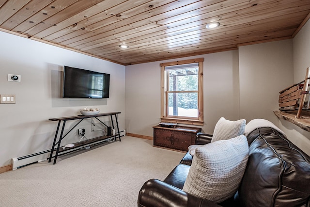 living room featuring crown molding, light carpet, wood ceiling, and baseboard heating