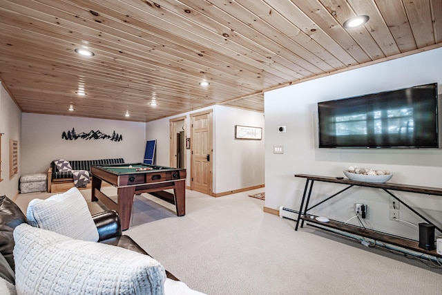 playroom featuring light carpet and wood ceiling