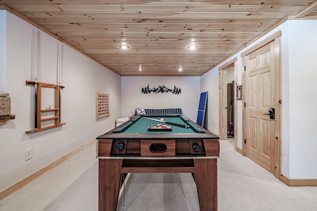 playroom with pool table, light colored carpet, and wooden ceiling