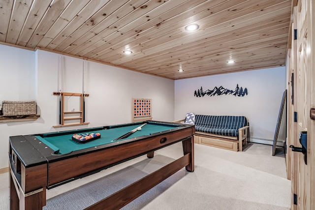 recreation room featuring wood ceiling, pool table, light colored carpet, and a baseboard heating unit