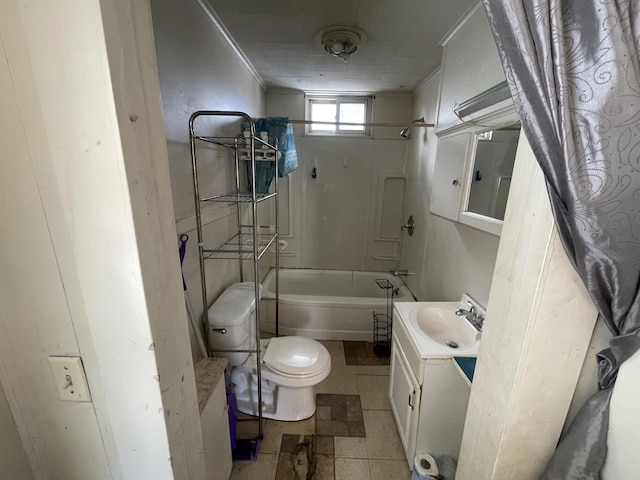 full bathroom with toilet, washtub / shower combination, crown molding, and vanity