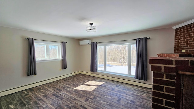 unfurnished living room featuring a wall mounted air conditioner, dark wood finished floors, and baseboard heating