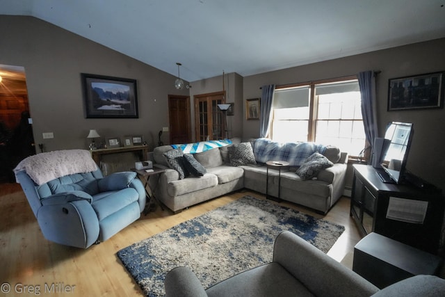 living room featuring wood-type flooring and vaulted ceiling