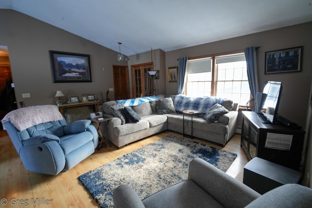 living room featuring lofted ceiling, hardwood / wood-style floors, and a baseboard radiator