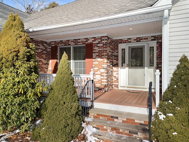 doorway to property with brick siding and a shingled roof