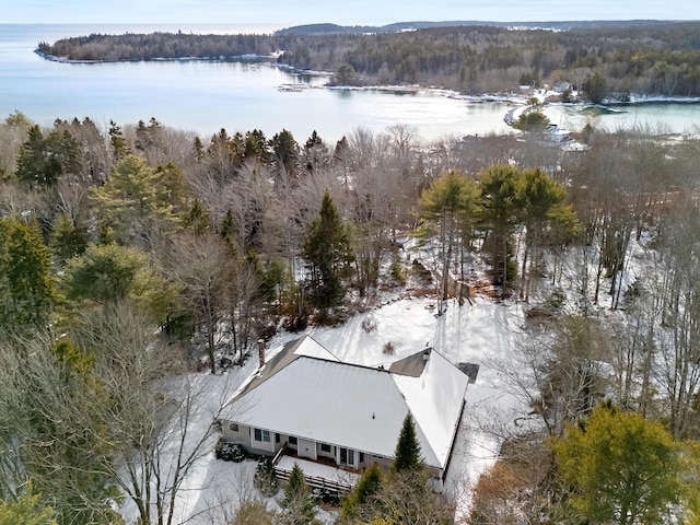 aerial view featuring a water view and a forest view