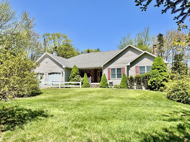 18 Patricia Ln, Saint George, ME 04859 - ranch-style home with a garage, a chimney, a front yard, and a porch