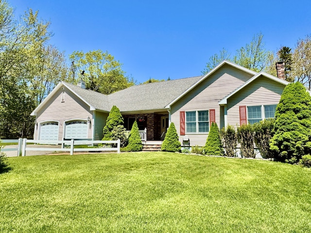 18 Patricia Ln, Saint George, ME 04859 - ranch-style home featuring a chimney, a garage, a front lawn, a porch, and driveway