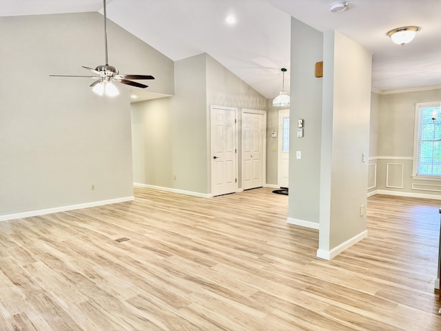 18 Patricia Ln, Saint George, ME 04859 - unfurnished living room with light wood-style floors, a ceiling fan, recessed lighting, high vaulted ceiling, and baseboards