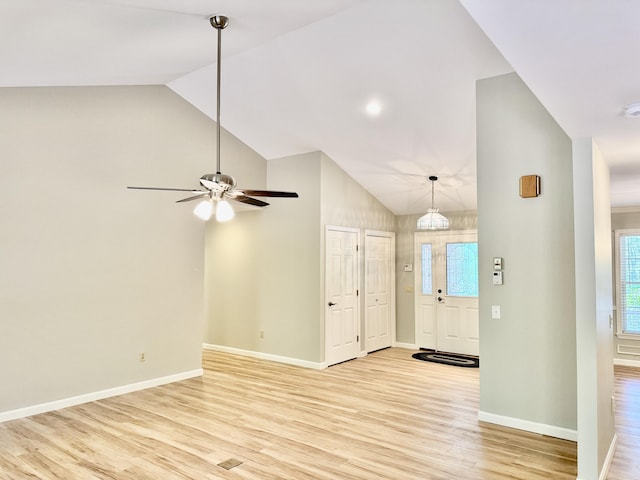 18 Patricia Ln, Saint George, ME 04859 - foyer entrance with light wood finished floors, baseboards, high vaulted ceiling, and ceiling fan