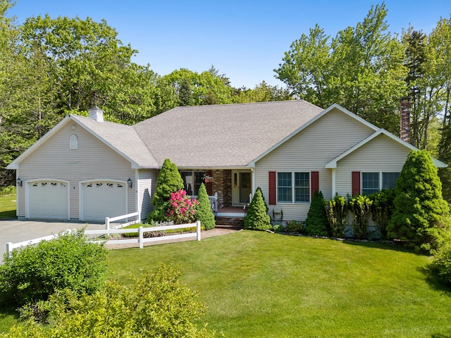 18 Patricia Ln, Saint George, ME 04859 - single story home with a chimney, a garage, driveway, covered porch, and a front lawn