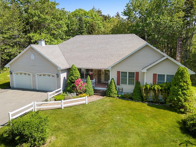 18 Patricia Ln, Saint George, ME 04859 - view of front of property featuring an attached garage, a porch, driveway, a shingled roof, and a chimney