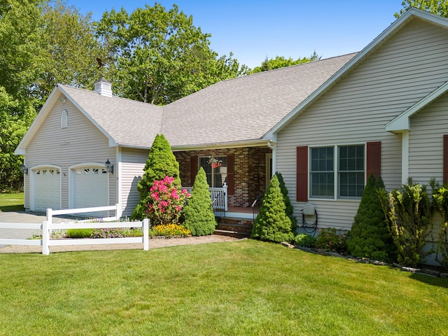 18 Patricia Ln, Saint George, ME 04859 - view of front of house with a garage, covered porch, roof with shingles, a chimney, and a front yard