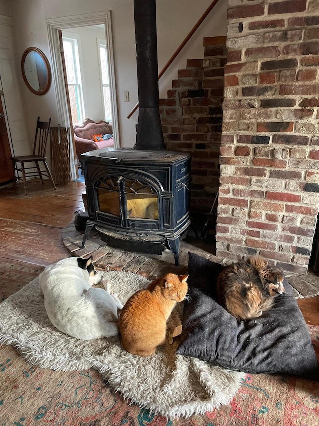 room details featuring a wood stove and wood finished floors