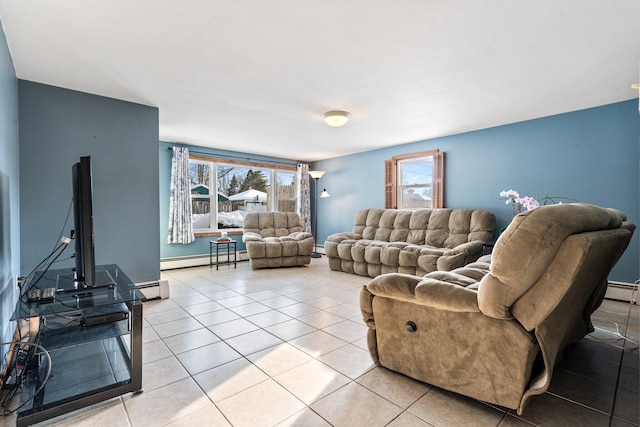 tiled living room featuring a baseboard heating unit