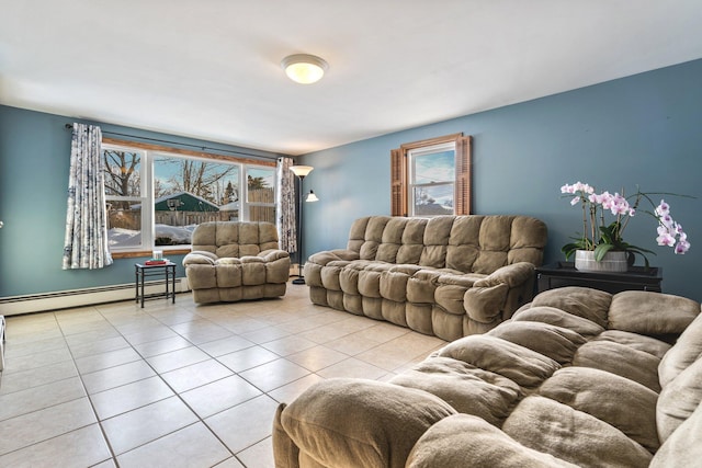 tiled living room featuring a baseboard heating unit