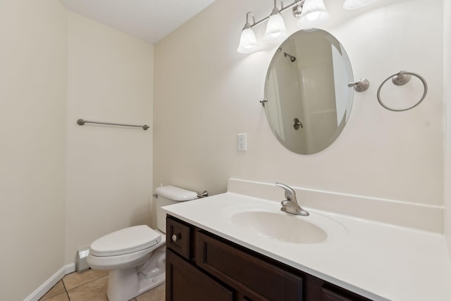 bathroom featuring tile patterned floors, toilet, vanity, and a shower