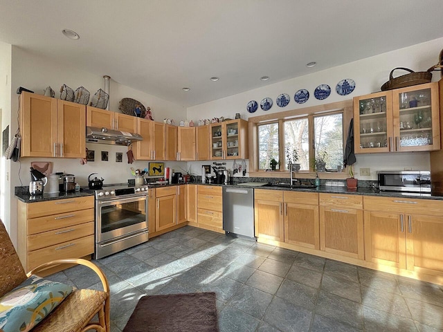 kitchen featuring stainless steel appliances, sink, extractor fan, and dark stone countertops