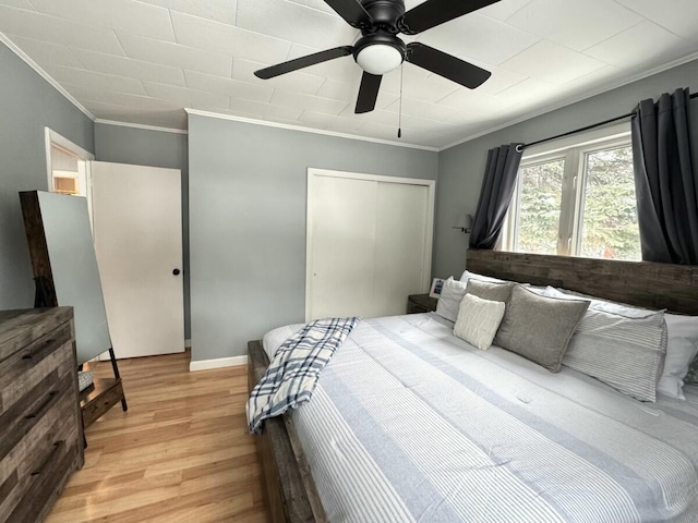 bedroom with ornamental molding, a closet, ceiling fan, and light wood-type flooring