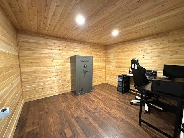 home office featuring wooden walls, wooden ceiling, and dark hardwood / wood-style flooring