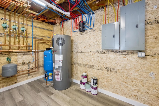 utility room with electric panel and electric water heater