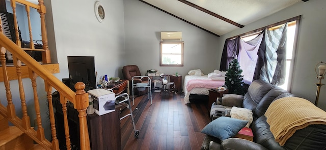 living room with dark hardwood / wood-style flooring, vaulted ceiling with beams, and an AC wall unit