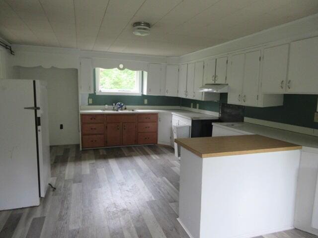236 Frenchs Mill Rd, Sangerville, ME 04479 - kitchen featuring freestanding refrigerator, light wood-type flooring, under cabinet range hood, a sink, and white cabinetry