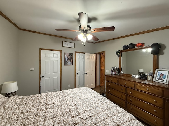 bedroom with ceiling fan and ornamental molding