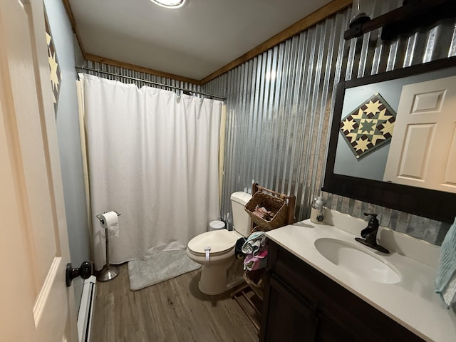 bathroom featuring toilet, wood-type flooring, a baseboard radiator, vanity, and a shower with shower curtain