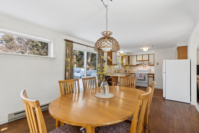 dining area featuring sink and dark wood-type flooring