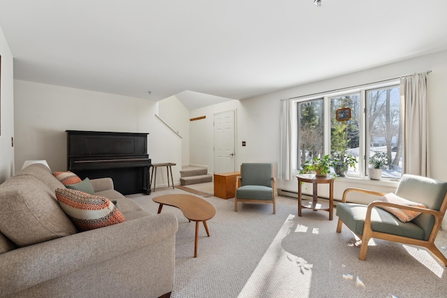 living room featuring light carpet