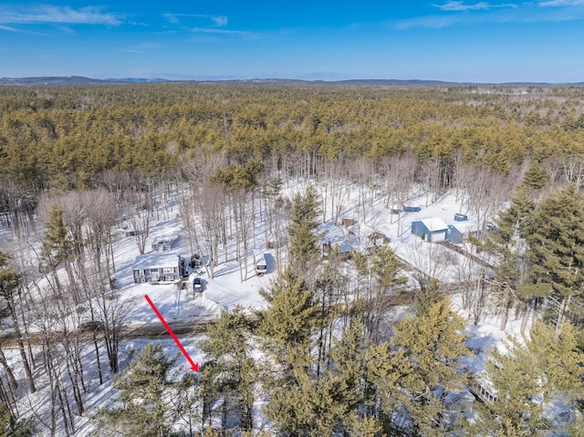 snowy aerial view with a forest view