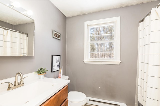 bathroom with a baseboard radiator, curtained shower, toilet, and vanity