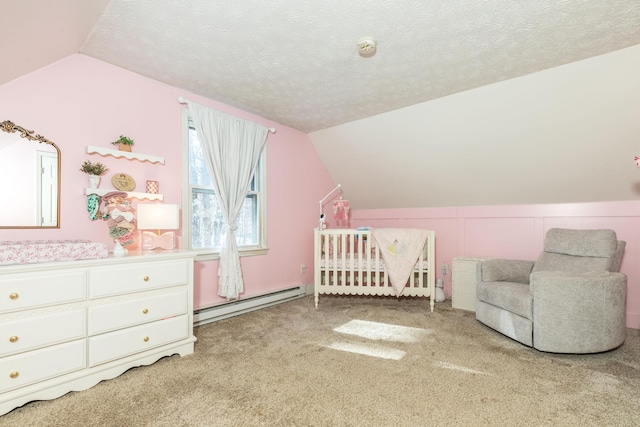 carpeted bedroom with a textured ceiling, lofted ceiling, a nursery area, and a baseboard radiator