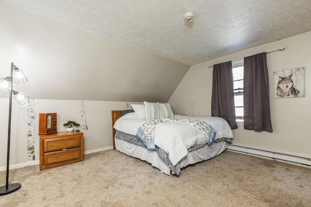 carpeted bedroom with a textured ceiling, lofted ceiling, baseboards, and a baseboard radiator