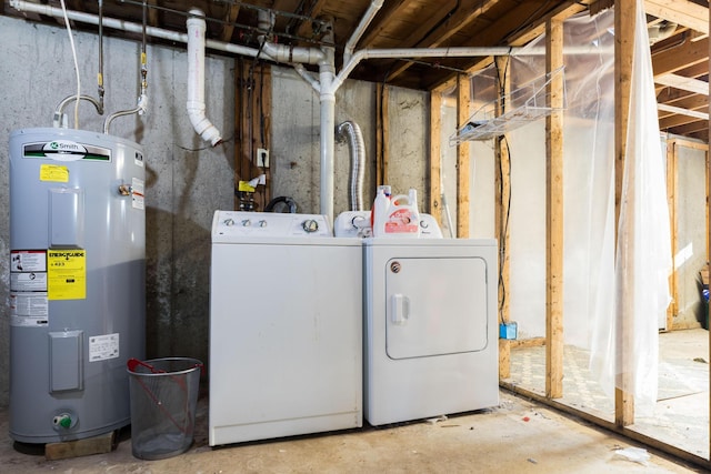 interior space featuring washer and dryer, electric water heater, and laundry area